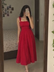 Red Smocked Midi Dress