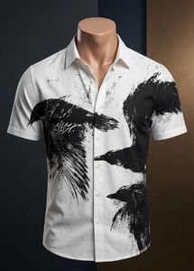 Men's White Crow Print Short Sleeve Shirt