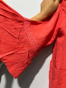 Coral Off-Shoulder Ruffle Sleeve Top
