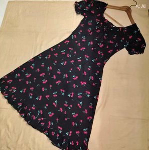 Cute Cherry Print Puff Sleeve Dress