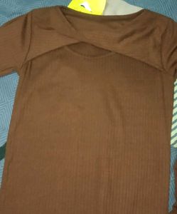 Brown Ribbed Long Sleeve Top