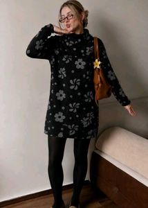 Black Floral High Neck Sweater Dress