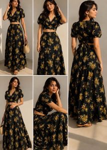 Black Floral Tie-Back Crop Top & Maxi Skirt
