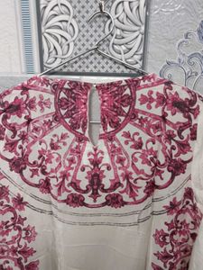 White Kurta with Pink Print and sequins on sleeves