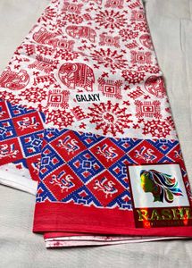 Red &amp; White Elephant Print Mul Cotton Saree