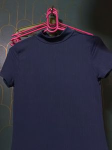 Navy Blue Ribbed Mock Neck Dress