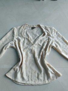 Cream Textured y2k V-Neck Top