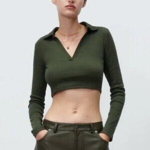 Olive Green Long Sleeve Crop Top