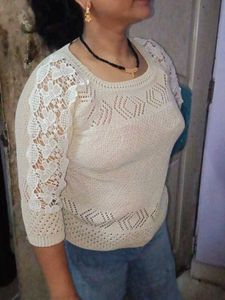 Cream Lace Sleeve Knit Sweater