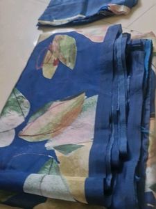 Navy blue floral printed saree with blouse piece