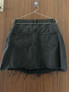 Black Denim Mini Skirt with Stripe Detail
