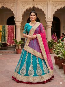 Stunning Teal Lehenga with Pink Dupatta