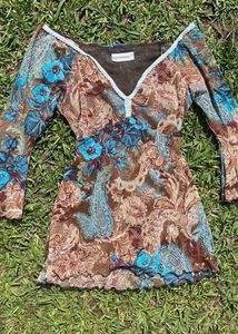 Brown Floral Print Sheer Mesh Top