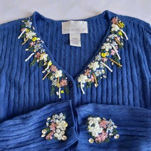 Blue Cardigan with Floral Embroidery&amp; Embel