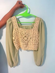 Crochet Square Neck Puff Sleeve Top