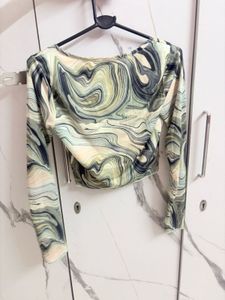 Marble Print Mesh Long Sleeve Crop Top