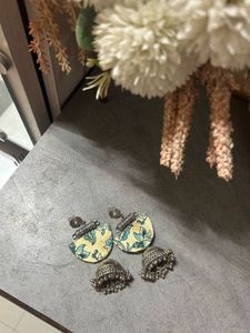 Oxidise Earrings White And Aqua Color