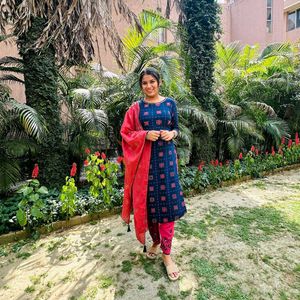 Blue &amp; Pink Printed Kurta Set with Dupatta