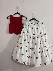 Crochet top with cherry print skirt 🍒