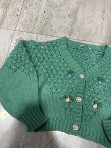 Green Knit Cardigan w/ Floral Details