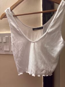 White Ribbed Lettuce Hem Crop Top