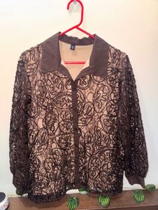 Elegant Brown Lace Button-Up Top