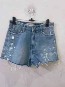 Embroidered Denim Shorts