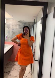 Orange Puff Sleeve Square Neck Dress✨