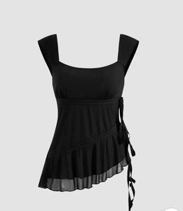 sleeveless sqaure neck side tie ruffle top in blac