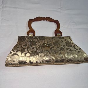 Golden Ethnic Lovely Clutch With Wooden Handle
