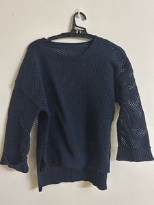 Navy Blue Mesh Knit Sweater