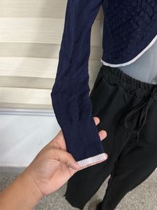 Navy Blue Textured Cropped Cardigan