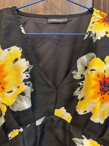 Chic Black Floral Print Blouse (Size : M)