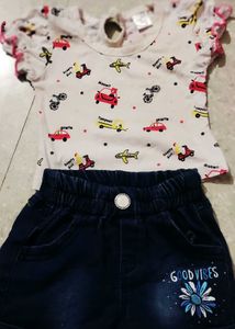Kids Outfit: Cute Car Print Top & Denim Shorts