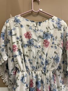 Floral Print Kaftan Dress with Lace Trim