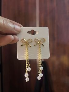 Gold Bow Pearl Drop Earrings
