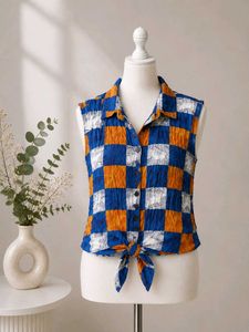 🎀150rs SALE🎀Checkered Tie-Front Sleeveless Shirt