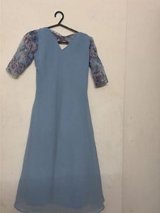 Blue Floral Sleeve A-Line Dress
