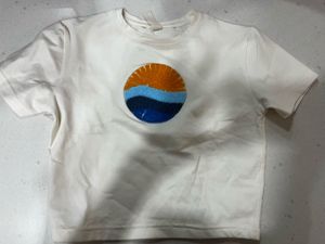 Cream T-Shirt with Embroidered Sunset Graphic
