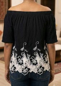 Black Off-Shoulder Top with White Cutwork Lace Hem