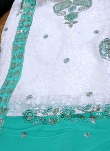 Stunning White &amp; Teal Sequined Saree