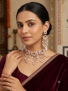Royal Pearl & Maroon Kundan Choker Necklace Set wi