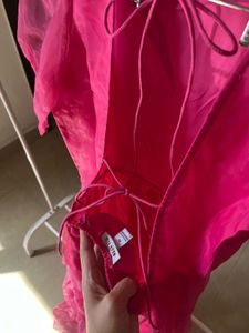 Fuchsia Pink Tiered Puff Sleeves Midi Dress