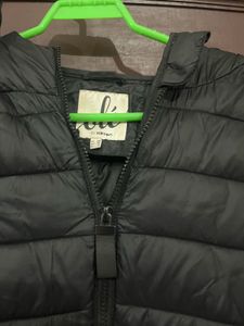Black Puffer Jacket with Slogan Detail