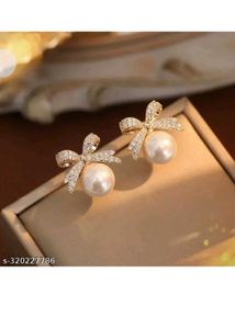 Elegant Bow Pearl Drop Earrings And Brecelet
