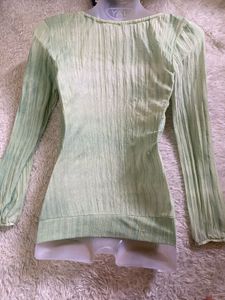 deep neck Green Textured Long Sleeve Top
