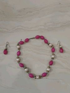 Pink &amp; Pearl Beaded Necklace with Drop Earrin
