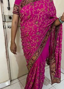 Vibrant Pink Embroidered Saree(blouse Aari work)