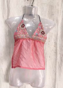 Embellished Pink Halter Neck Blouse