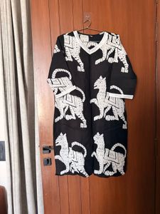Black &amp; White Cat Print Kurta Set